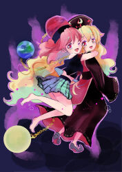 Rule 34 | 2girls, absurdres, aura, barefoot, black dress, black shirt, blonde hair, breasts, chain, chinese clothes, commentary, crescent, dress, earth (ornament), emimi (emimi 28), gold chain, hair between eyes, hecatia lapislazuli, highres, hug, hug from behind, junko (touhou), long hair, long sleeves, looking at viewer, medium breasts, medium hair, moon (ornament), multicolored clothes, multicolored skirt, multiple girls, off-shoulder shirt, off shoulder, open mouth, phoenix crown, plaid, plaid skirt, red eyes, red hair, red tabard, shirt, shoes, simple background, skirt, smile, t-shirt, tabard, touhou, underworld (ornament), very long hair, wide sleeves