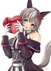 Rule 34 | 1girl, :o, animal ears, bare shoulders, black jacket, blue eyes, blush, bow, box, collared dress, commentary request, curren chan (umamusume), dress, ear bow, gift, gift box, gloves, grey hair, hair between eyes, hands up, head tilt, heart-shaped box, holding, holding gift, horse ears, horse girl, horse tail, jacket, long sleeves, looking at viewer, off-shoulder jacket, off shoulder, open mouth, red bow, simple background, sleeveless, sleeveless dress, solo, striped clothes, striped dress, tail, umamusume, vertical-striped clothes, vertical-striped dress, white background, white gloves, yumibakama meme