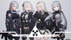 Rule 34 | 4girls, absurdres, ak-12, ak-12 (girls&#039; frontline), ak-15, ak-15 (girls&#039; frontline), an-94, an-94 (girls&#039; frontline), aqua eyes, assault rifle, black gloves, blunt bangs, braid, closed eyes, closed mouth, clothing cutout, commentary, cowboy shot, defy (girls&#039; frontline), drum magazine, expressionless, french braid, girls&#039; frontline, gloves, grey background, gun, hair between eyes, hair over one eye, headband, high ponytail, highres, holding, holding gun, holding weapon, jacket, jacket on shoulders, kalashnikov rifle, light machine gun, long hair, looking at viewer, looking to the side, machine gun, magazine (weapon), midriff, multiple girls, navel cutout, one eye covered, parted lips, purple eyes, rifle, rpk, rpk-16, rpk-16 (girls&#039; frontline), saturndxy, short hair, sidelocks, silver hair, smile, standing, thighs, trigger discipline, weapon, wide sleeves