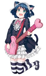 Rule 34 | 10s, 1girl, animal ears, aqua eyes, blue hair, cat ears, cyan (show by rock!!), frills, guitar, hairband, highres, instrument, lolita hairband, monobe tsukuri, show by rock!!, simple background, solo, strawberry heart (show by rock!!), striped clothes, striped thighhighs, thighhighs, white background