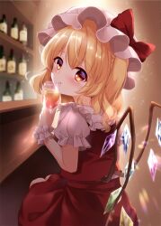 Rule 34 | 1girl, bar (place), blush, bottle, bow, collared shirt, cowboy shot, crystal, cup, flandre scarlet, frilled shirt collar, frills, from side, glass teacup, hat, hat bow, head tilt, holding, holding cup, indoors, looking at viewer, looking to the side, mob cap, multicolored wings, mumu-crown, puffy short sleeves, puffy sleeves, red bow, red eyes, red skirt, red vest, shirt, short sleeves, sitting, skirt, skirt set, solo, touhou, vest, white hat, white shirt, wine bottle, wings, wrist cuffs