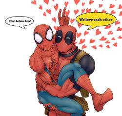 Rule 34 | 2boys, abs, animal print, ass grab, bad id, bad pixiv id, bodysuit, bunny ears prank, carrying, costume, deadpool, deadpool (series), english text, gloves, half-closed eyes, hand on another&#039;s back, hand up, harness, heart, leg up, male focus, marvel, mask, multiple boys, muscular, pouch, princess carry, simple background, skin tight, speech bubble, spider-man, spider-man (series), spider web print, spoken heart, standing, sun visor (mata69), superhero costume, v, white background