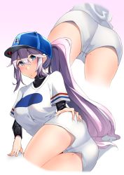 Rule 34 | 1girl, absurdres, arm support, ass, azur lane, baseball cap, baseball uniform, blue eyes, bodysuit, bodysuit under clothes, commentary request, esencey, from behind, from below, gradient background, hair between eyes, hair through headwear, hand on own ass, hat, highres, intrepid (azur lane), intrepid (one intrepid pitch) (azur lane), long hair, long sleeves, looking at viewer, mole, mole on thigh, multiple views, purple eyes, shorts, sportswear, sweater, thighs, very long hair, white shorts