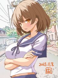 Rule 34 | 1girl, ahoge, artist logo, bandaid, bandaid on face, blue neckerchief, blue sailor collar, blue skirt, breasts, brown eyes, brown hair, bus, crossed arms, dated, kantai collection, medium breasts, motor vehicle, mushi mushi ex, neckerchief, oboro (kancolle), one-hour drawing challenge, outdoors, pleated skirt, power lines, road, sailor collar, sailor shirt, shirt, short hair, skirt, solo, tree, upper body