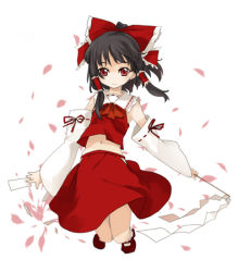 Rule 34 | 1girl, black hair, bow, brown eyes, female focus, full body, hair bow, hair tubes, hakurei reimu, kusano houki, looking at viewer, lowres, midriff, navel, red bow, red eyes, red skirt, sidelocks, simple background, skirt, solo, stomach, touhou, vest, white background