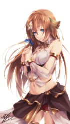 Rule 34 | 1girl, ar nosurge, bare shoulders, blue eyes, blush, breasts, brown hair, closed mouth, cowboy shot, flower, from side, hair between eyes, hair flower, hair ornament, highres, holding, holding flower, ionasal kkll preciel, light smile, long hair, medium breasts, navel, signature, simple background, solo, surge concerto, thighhighs, very long hair, white background, yoshiomi