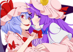Rule 34 | 2girls, bat wings, blue bow, blue hair, blunt bangs, blush, bow, breasts, capelet, commentary request, crescent, crescent hair ornament, dress, eichi yuu, fang, frilled shirt collar, frills, from side, hair between eyes, hair bow, hair ornament, hat, hat ribbon, large breasts, long hair, long sleeves, looking at another, looking at viewer, mob cap, multiple girls, parted lips, patchouli knowledge, pink dress, pointy ears, profile, puffy short sleeves, puffy sleeves, purple eyes, purple hair, red bow, red eyes, red ribbon, remilia scarlet, ribbon, short hair, short sleeves, simple background, tongue, tongue out, touhou, upper body, white background, white capelet, wide sleeves, wings, yuri