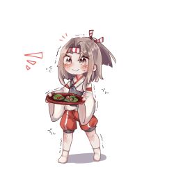 Rule 34 | 1girl, aged down, brown eyes, commentary request, food, full body, grey hair, hachimaki, hakama, hakama shorts, headband, high ponytail, highres, japanese clothes, kantai collection, long hair, mattan kanpa, muneate, red shorts, shorts, smile, solo, striped headband, sweat, trembling, zuihou (kancolle)