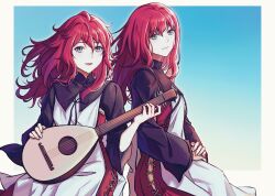 Rule 34 | 2girls, border, devola, dress, feet out of frame, green eyes, guitar, hand on hand, hand up, highres, holding, holding guitar, holding instrument, ikooto111, instrument, long hair, long sleeves, multiple girls, nier, nier (series), parted lips, popola, red hair, siblings, sitting, smile, twins, white border, wide sleeves, wind