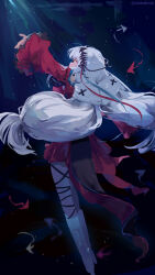 Rule 34 | 1girl, arknights, arm up, commentary request, dress, from behind, long hair, long sleeves, looking away, outstretched arm, profile, red dress, red eyes, skadi (arknights), skadi the corrupting heart (arknights), sleeves past wrists, solo, twitter username, underwater, unitedunti, very long hair, water, white hair, wide sleeves