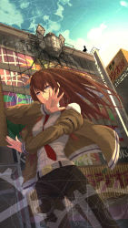 Rule 34 | &gt;:), 1girl, absurdres, arm belt, bakanoe, belt, between breasts, black shorts, blue sky, breast pocket, breasts, bright pupils, brown hair, brown jacket, buckle, building, city, closed mouth, cloud, day, dutch angle, from below, hair between eyes, highres, jacket, long hair, long sleeves, makise kurisu, medium breasts, necktie, necktie between breasts, off shoulder, okabe rintarou, open clothes, open jacket, outdoors, pantyhose, pantyhose under shorts, pocket, purple eyes, red neckwear, ringed eyes, satellite, shirt, short shorts, shorts, silhouette, sky, smug, solo focus, steins;gate, straight hair, v-shaped eyebrows, very long hair, white shirt