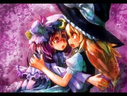 Rule 34 | &gt;:o, 2girls, :o, blonde hair, bow, crescent, female focus, hat, hug, kirisame marisa, letterboxed, long hair, multiple girls, patchouli knowledge, purple background, purple eyes, purple hair, ribbon, surprised, touhou, ukyo rst, v-shaped eyebrows, witch hat, yellow eyes, yuri