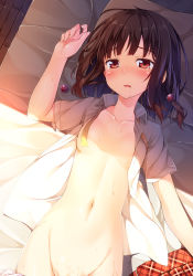 Rule 34 | 1girl, black hair, blush, bottomless, breasts, censored, collarbone, convenient censoring, groin, highres, lying, navel, on back, on bed, open clothes, open mouth, open shirt, original, out-of-frame censoring, red eyes, saliva, shiratori senri, shirt, small breasts, solo, sweat, tears, yuuri nayuta