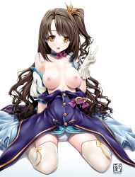 Rule 34 | 10s, 1girl, :d, arm support, artist name, bare shoulders, blush, bow, breasts, breasts out, buttons, cameltoe, choker, clothes pull, crown, dress pull, eyebrows, gloves, gradient background, heart, idolmaster, idolmaster cinderella girls, long hair, looking at viewer, mini crown, nipples, no bra, off shoulder, one side up, open clothes, open mouth, panties, pink bow, puffy short sleeves, puffy sleeves, purple eyes, shimamura uzuki, short sleeves, signature, sitting, skin tight, smile, solo, soyosoyo, star!!, striped clothes, striped panties, swept bangs, thighhighs, underwear, wariza, wavy hair, white background, white gloves, white thighhighs