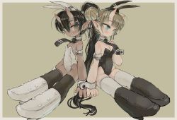 Rule 34 | 2girls, animal ears, black footwear, black hair, black legwear, black leotard, black neckwear, black vs white, blonde hair, blue eyes, boots, border, breasts, brown eyes, buttons, detached collar, double-breasted, ebimomo, fake animal ears, fingernails, hair bun, hair ornament, hairclip, high heel boots, high heels, highres, horns, leotard, looking at viewer, looking to the side, multiple girls, necktie, original, parted lips, playboy bunny, rabbit ears, single hair bun, sitting, skin-covered horns, small breasts, symmetry, thighhighs, white border, white footwear, white legwear, white leotard, wing collar, wrist cuffs, wristband, x hair ornament, yellow background