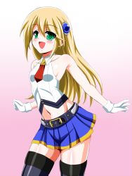 Rule 34 | 1girl, black thighhighs, blazblue, blonde hair, blue skirt, casual, collared shirt, commentary, cowboy shot, cropped shirt, gloves, gradient background, green eyes, hair ornament, long hair, looking at viewer, midriff, miniskirt, navel, necktie, noel vermillion, open mouth, pink background, pleated skirt, red necktie, shirt, skirt, sleeveless, sleeveless shirt, smile, solo, standing, thighhighs, white gloves, white shirt, yaeba