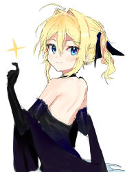 Rule 34 | 1girl, absurdres, ahoge, backless dress, backless outfit, black gloves, black ribbon, blonde hair, blue eyes, blush, dress, elbow gloves, gloves, hair between eyes, hair intakes, hair ribbon, highres, indie virtual youtuber, long hair, looking at viewer, looking back, pinch (nesume), ribbon, simple background, solo, sparkle, twintails, virtual youtuber, white background, yamada sora