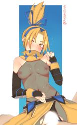 Rule 34 | 1boy, 1girl, bare shoulders, belt, black gloves, blonde hair, blush, bodysuit, bridal gauntlets, censored, closed mouth, clothing aside, cowgirl position, elbow gloves, fishnet bodysuit, fishnets, girl on top, gloves, hetero, high ponytail, highleg, highleg panties, highres, light censor, looking at viewer, navel, nekokyun, nipples, overlord (maruyama), panties, panties aside, parted bangs, pelvic curtain, pov, revealing clothes, scarf, sex, solo focus, straddling, sweat, tia (overlord), torn bodysuit, torn clothes, twitter username, underwear, vaginal, yellow eyes, yellow scarf