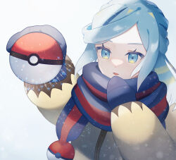 Rule 34 | 1boy, aqua eyes, aqua hair, blue mittens, blue scarf, commentary request, creatures (company), game freak, grusha (pokemon), hands up, holding, holding poke ball, jacket, long sleeves, male focus, mittens, momiji shiori, nintendo, open mouth, poke ball, poke ball (basic), poke ball print, pokemon, pokemon sv, scarf, solo, striped clothes, striped scarf, upper body, yellow jacket