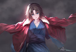 Rule 34 | 1girl, blue eyes, blue kimono, brown hair, collarbone, fur-trimmed jacket, fur trim, grey background, head tilt, holding, holding sword, holding weapon, jacket, jacket on shoulders, japanese clothes, kara no kyoukai, kimono, long sleeves, looking at viewer, open clothes, open jacket, parted lips, red jacket, ryougi shiki, senz, short hair, smile, solo, sword, upper body, weapon