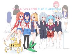 Rule 34 | 3boys, 6+girls, :d, ^ ^, absurdres, ahoge, antenna hair, arm wrap, bangs pinned back, barefoot, blazer, blonde hair, blue eyes, blue hair, blunt bangs, bow, closed eyes, commentary request, creature, expressionless, feet, flip flappers, girl sandwich, glasses, hair bow, hair ornament, hair ribbon, hairclip, hand on own cheek, hand on own face, hidaka (flip flappers), highres, holding hands, jacket, kokomine cocona, long hair, long skirt, mimi (flip flappers), multicolored hair, multiple boys, multiple girls, no shoes, nyunyu, opaque glasses, open mouth, orange hair, pantyhose, papika (flip flappers), pleated skirt, purple eyes, red eyes, ribbon, robot, salt (flip flappers), sandwiched, sayuri (flip flappers), school uniform, serafuku, short hair, silver hair, sitting, skirt, smile, sou (mgn), streaked hair, thank you, toes, toto (flip flappers), tt-392, two side up, uexkull, yayaka, yuyu (flip flappers)