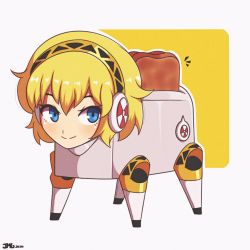 Rule 34 | aegis (persona), android, blonde hair, blue eyes, bread slice, food, hairband, highres, jeffmiga, meme, persona, persona 3, robot, robot ears, smile, toast, toaster, yellow background