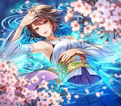 Rule 34 | 1girl, amazio komeko, blue eyes, breasts, brown hair, detached sleeves, final fantasy, final fantasy x, flower, green eyes, hair ornament, hakama, hakama skirt, heterochromia, japanese clothes, jewelry, looking at viewer, necklace, open mouth, short hair, skirt, solo, square enix, water, yuna (ff10)