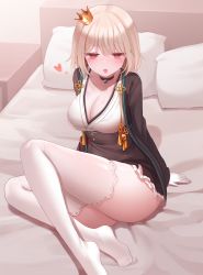 Rule 34 | 1girl, absurdres, arm support, bed, black choker, black jacket, black skirt, breasts, choker, cleavage, commentary request, commission, crown, flower knot, frilled skirt, frills, full body, gloves, hair between eyes, high-waist skirt, highres, honyang, jacket, korean commentary, large breasts, long sleeves, looking at viewer, medium hair, mini crown, no shoes, on bed, open clothes, open jacket, original, pillow, red eyes, sitting, skirt, solo, tassel, thighhighs, white gloves, white hair, white thighhighs