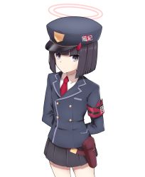 Rule 34 | 1girl, armband, arms behind back, black hair, black skirt, blue archive, blue headwear, blue jacket, blunt bangs, bob cut, buttons, closed mouth, collared shirt, cowboy shot, danut, prefect team member (blue archive), grey eyes, halo, highres, holster, horns, jacket, long sleeves, looking at viewer, necktie, pleated skirt, red horns, red necktie, shirt, short hair, simple background, skirt, solo, white background, white shirt
