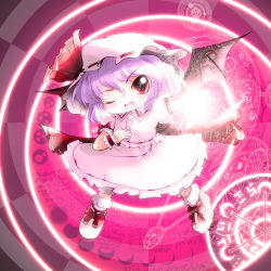 Rule 34 | 1girl, chibi, female focus, highres, looking at viewer, magic circle, moon phases, open mouth, purple hair, remilia scarlet, short hair, smile, solo, touhou, wings, yume shokunin