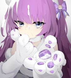 Rule 34 | 1girl, animal hands, azur lane, blue bow, blue eyes, bow, cat paws, commentary, cum, cum on clothes, cum on hair, dress, facial, female focus, gradient background, grey background, hair bow, hairband, half-closed eyes, long hair, looking at viewer, plaid, plaid bow, purple hair, sidelocks, simple background, solo, suggestive fluid, tashkent (azur lane), tashkent (muse) (azur lane), upper body, viroa, white dress