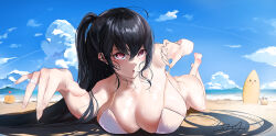 Rule 34 | 1girl, absurdly long hair, absurdres, azur lane, beach, bikini, black hair, breasts, cleavage, day, highres, huge breasts, jewelry, large breasts, long hair, looking at viewer, lying, manjuu (azur lane), ocean, official alternate costume, on stomach, pulled by self, red eyes, ring, signature, solo, strap pull, summer, surfboard, swimsuit, taihou (azur lane), taihou (seaside daydreams) (azur lane), very long hair, water, wedding ring, weiqiban, white bikini