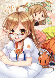 1girl :d ^^^ ahoge bad_id bad_pixiv_id blush_stickers braid brown_eyes brown_hair culture_japan female_focus glasses long_hair looking_at_viewer lying on_stomach open_mouth pillow saisou_(2ndere) single_braid skirt smile solid_oval_eyes solo suenaga_mirai