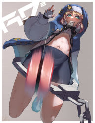 Rule 34 | 1boy, androgyne symbol, bike shorts, blonde hair, blush, bridget (guilty gear), clothes pull, cross, cuffs, dated, drawstring, fingerless gloves, from below, gloves, green eyes, guilty gear, guilty gear strive, habit, hair between eyes, handcuffs, highres, hood, kneeling, long sleeves, looking at viewer, looking down, male focus, mikichika, mouth hold, navel, pulling own clothes, shirt pull, shorts, sidelocks, signature, solo, stomach, sweat, sweatdrop, trap, yo-yo, zipper