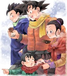 Rule 34 | 1girl, 3boys, bad drawr id, bad id, black hair, blue eyes, breath, brothers, brown eyes, can, canned coffee, chi-chi (dragon ball), child, chinese clothes, coffee, dragon ball, dragonball z, drawr, drink can, family, father and son, hair bun, husband and wife, johnny, johnny (nana), looking at another, mother and son, multiple boys, oekaki, outdoors, pointing, scarf, siblings, single hair bun, son gohan, son goku, son goten, spiked hair, winter, winter clothes