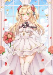 Rule 34 | 1girl, admiral hipper (azur lane), azur lane, bare shoulders, blonde hair, blue sky, blurry, blurry foreground, blush, bouquet, brown flower, brown rose, cloud, commentary request, day, depth of field, dress, elbow gloves, flower, gloves, green eyes, hair between eyes, headgear, highres, holding, holding bouquet, indoors, jewelry, long hair, open mouth, petals, pleated dress, pong (vndn124), red flower, red rose, ring, rose, rose petals, round teeth, see-through, sky, solo, sparkle, standing, standing on one leg, strapless, strapless dress, tears, teeth, thighhighs, tiara, two side up, upper teeth only, veil, wedding band, wedding dress, white dress, white gloves, white thighhighs, window
