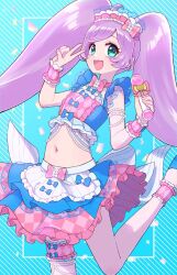 Rule 34 | 1girl, :d, ahoge, apron, blue background, blue skirt, commentary request, cowboy shot, crop top, frilled apron, frilled cuffs, frilled skirt, frills, green eyes, hands up, highres, jinno (jin c kkry), kiratto pri chan, long hair, looking at viewer, maid, maid headdress, manaka laala, navel, open mouth, pretty series, pripara, purple hair, skirt, smile, solo, standing, standing on one leg, summer maid coord, thigh strap, twintails, unconventional maid, v, very long hair, waist apron, white apron, wrist cuffs