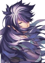 Rule 34 | 1boy, closed eyes, fengxi (the legend of luoxiaohei), floating hair, hair over mouth, hair over one eye, long hair, pointy ears, rkp, shadow, signature, simple background, solo, luo xiaohei zhanji, upper body, white background