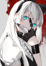 Rule 34 | 1girl, black bow, black gloves, black wristband, blood drip, blue eyes, bow, claw ring, commentary, covering own mouth, earrings, english commentary, facial tattoo, flower, from side, gloves, grey background, grin, hair bow, half gloves, highres, jewelry, long hair, looking at viewer, multiple earrings, multiple rings, original, red flower, red rose, ring, rose, shirt, short sleeves, signature, simple background, smile, solo, tattoo, upper body, white hair, white shirt, wristband, yagi (shiro yagi)