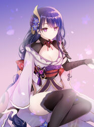 Rule 34 | 1girl, black thighhighs, blue flower, breasts, bridal gauntlets, cleavage, closed mouth, commentary request, feet out of frame, flower, genshin impact, gradient background, hair flower, hair ornament, highres, japanese clothes, kimono, long hair, long sleeves, looking at viewer, medium breasts, obi, pink background, purple background, purple eyes, purple hair, purple kimono, raiden shogun, sash, shirogane hina, sitting, smile, solo, thighhighs, very long hair, wide sleeves