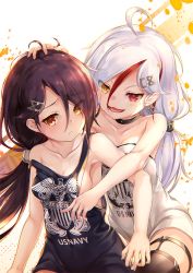 Rule 34 | 2girls, :&lt;, ahoge, anchor earrings, assisted exposure, azur lane, bare shoulders, black hair, breasts, brown eyes, cassin (azur lane), cleavage, collar, collarbone, commentary request, cowboy shot, downes (azur lane), earrings, eorx, hair ornament, hairclip, hand on another&#039;s head, heterochromia, jewelry, long hair, low ponytail, medium breasts, mole, mole under eye, multicolored hair, multiple girls, no bra, ponytail, red eyes, red hair, remodel (azur lane), revision, shirt, sideboob, strap slip, streaked hair, thighhighs, two-tone hair, white hair, yellow eyes
