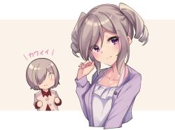Rule 34 | 0 0, 2girls, alternate hairstyle, arm at side, blush, breasts, brown background, cardigan, chibi, chibi inset, cleavage, closed mouth, collarbone, cropped torso, drill hair, eyes visible through hair, grey hair, hair ornament, hair over one eye, hairclip, hand up, highres, idoly pride, letterboxed, mole, mole under eye, multiple girls, one eye covered, open cardigan, open clothes, purple cardigan, purple eyes, raised eyebrows, shiraishi chisa, shiraishi saki, shirt, short twintails, siblings, simple background, sisters, small breasts, smile, twin drills, twintails, uut, white shirt