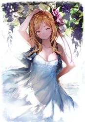 Rule 34 | 1girl, arm up, artist request, breasts, brown eyes, brown hair, character name, cleavage, commentary request, dress, flower, food, fruit, grapes, highres, idolmaster, idolmaster million live!, long hair, looking at viewer, medium breasts, momose rio, one eye closed, smile, solo, white dress