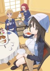 Rule 34 | 3girls, ankle boots, black neckwear, blonde hair, blue eyes, blue headwear, blue jacket, blue skirt, blue sweater, boots, braid, brown eyes, brown hair, cart, closed mouth, commentary, cup, darjeeling (girls und panzer), decantering, dessert, dress shirt, emblem, food, girls und panzer, hat, highres, holding, holding cup, holding instrument, holding saucer, holding teapot, indoors, instrument, jacket, kantele, keizoku military uniform, long hair, long sleeves, looking at viewer, macaron, mika (girls und panzer), military, military uniform, miniskirt, multiple girls, muteki soda, necktie, on chair, open clothes, open jacket, pantyhose, parted lips, pleated skirt, pouring, raglan sleeves, rosehip (girls und panzer), saucer, school uniform, shirt, short hair, sitting, skirt, smile, spilling, st. gloriana&#039;s school uniform, standing, strainer, stream, sweater, table, tablecloth, tea, tea strainer, teacup, teapot, tiered tray, track jacket, tray, twin braids, uniform, v-neck, white shirt, wing collar, wooden chair
