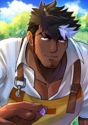 Rule 34 | 1boy, absurdres, apron, bara, black hair, dark-skinned male, dark skin, eyebrow cut, facial hair, highres, kageru (mofnyan), large pectorals, lilac (live a hero), live a hero, looking at viewer, male focus, multicolored hair, muscular, muscular male, partially unbuttoned, pectorals, purple eyes, purple hair, shirt, sideburns, solo, streaked hair, thick eyebrows, twitter username, two-tone hair, upper body, white shirt