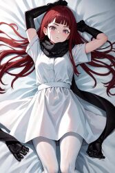 Rule 34 | 1girl, arms up, bed, black gloves, black sleeves, blush, closed mouth, dress, embarrassed, gloves, helga velvette, highres, long hair, looking at viewer, lying, majo to yajuu, red hair, socks, solo, very long hair, white dress, white socks, witch