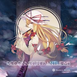 Rule 34 | 1girl, album cover, album name, blonde hair, bow, circle name, closed mouth, cloud, comiket 95, commentary request, cover, cow, dress, fingernails, folding fan, frilled sleeves, frills, from side, hair between eyes, hair bow, hand fan, hand up, hat, hat ribbon, highres, holding, holding fan, long hair, long sleeves, looking at viewer, looking to the side, mob cap, profile, purple tabard, red bow, red eyes, red ribbon, ribbon, sidelocks, sideways glance, smile, solo, tabard, tokiti, touhou, very long hair, white dress, white hat, wide sleeves, yakumo yukari
