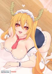 Rule 34 | apron, dragon girl, dragon horns, dragon tail, dragon wings, hair between eyes, highres, horns, looking at viewer, maid apron, maid headdress, necktie, orange hair, puffy short sleeves, puffy sleeves, red necktie, short sleeves, solo, tail, thighhighs, tohru (maidragon), tomathao, twintails, white thighhighs, wings