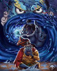 Rule 34 | 1boy, blue skin, closed mouth, colored skin, crossed legs, facial hair, fangs, fighting stance, fish boy, full body, goatee, high ponytail, highres, japanese clothes, jinbe (one piece), long hair, looking at viewer, multicolored hair, one piece, scar, scar across eye, sharp teeth, signature, sitting, solo, solo focus, teeth, therrious davis, two-tone hair, water