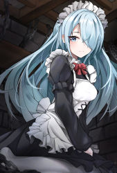 Rule 34 | 1girl, apron, black dress, blue eyes, blue hair, blush, bow, bowtie, brick wall, chain, closed mouth, dress, dutch angle, frills, full body, hair over one eye, highres, indoors, long hair, long sleeves, looking at viewer, maid, maid apron, maid headdress, original, pantyhose, puffy sleeves, red bow, sitting, solo, umber00, very long hair, wariza, white apron, white pantyhose